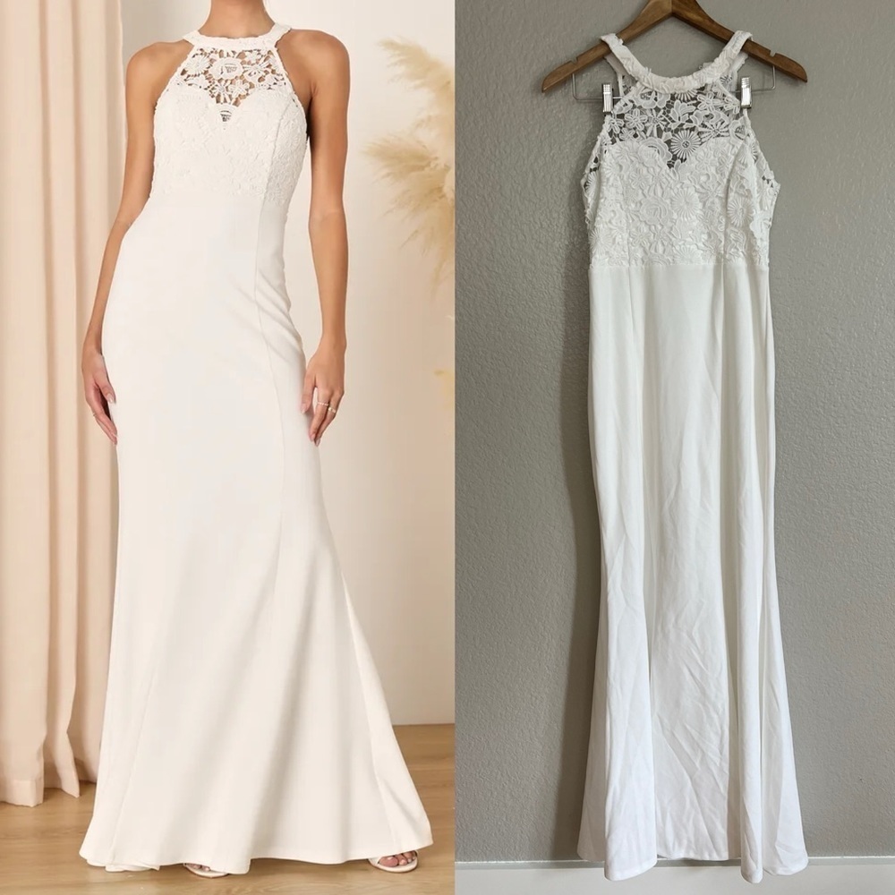 Loving Destiny White Lace Halter Mermaid Maxi Dress